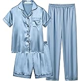CYCHELRY Little Big Girls Satin Pajamas Summer Short Sleeve and Pants Button Down Silky PJS 3PCS Sleepwear Set Size 8-16