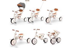 VOUPOU 6 in 1 Kids Tricycle Baby Bike Balance Trike for kids1-5years Toddler Trike with Adjustable Height Handle,Removable Pedal,Footrest,Safety Harness,Comfortable Seat,Retractable Canopy(White)