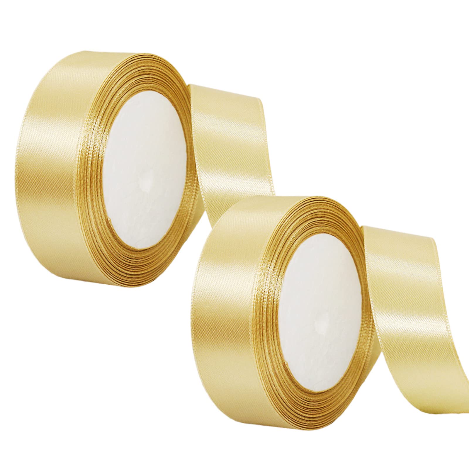 2 Rolls Gold Satin Ribbon 25mm - Double Sided, Thick Fabric for Gift Wrapping, Crafting, Cake Decoration, Hair Bows, Christmas & Wedding