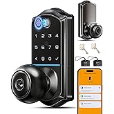 Veise VE018 Smart Knob Handle Lock - Fingerprint, App Control, Keyless Entry for Front Door and Bedroom, Electronic Digital Keypad, Auto Lock, Remote Access Sharing, IP55 Weatherproof, Matte Black