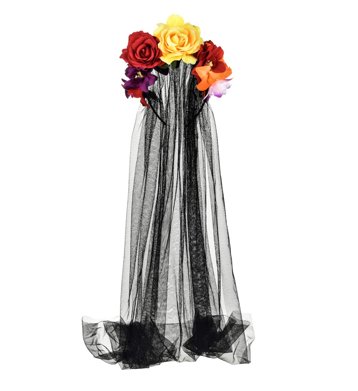 Day of the Dead Headpiece Rose Floral Crown Halloween Costume Mexican Headband with Veil (Red Yellow Orange Black Veil)