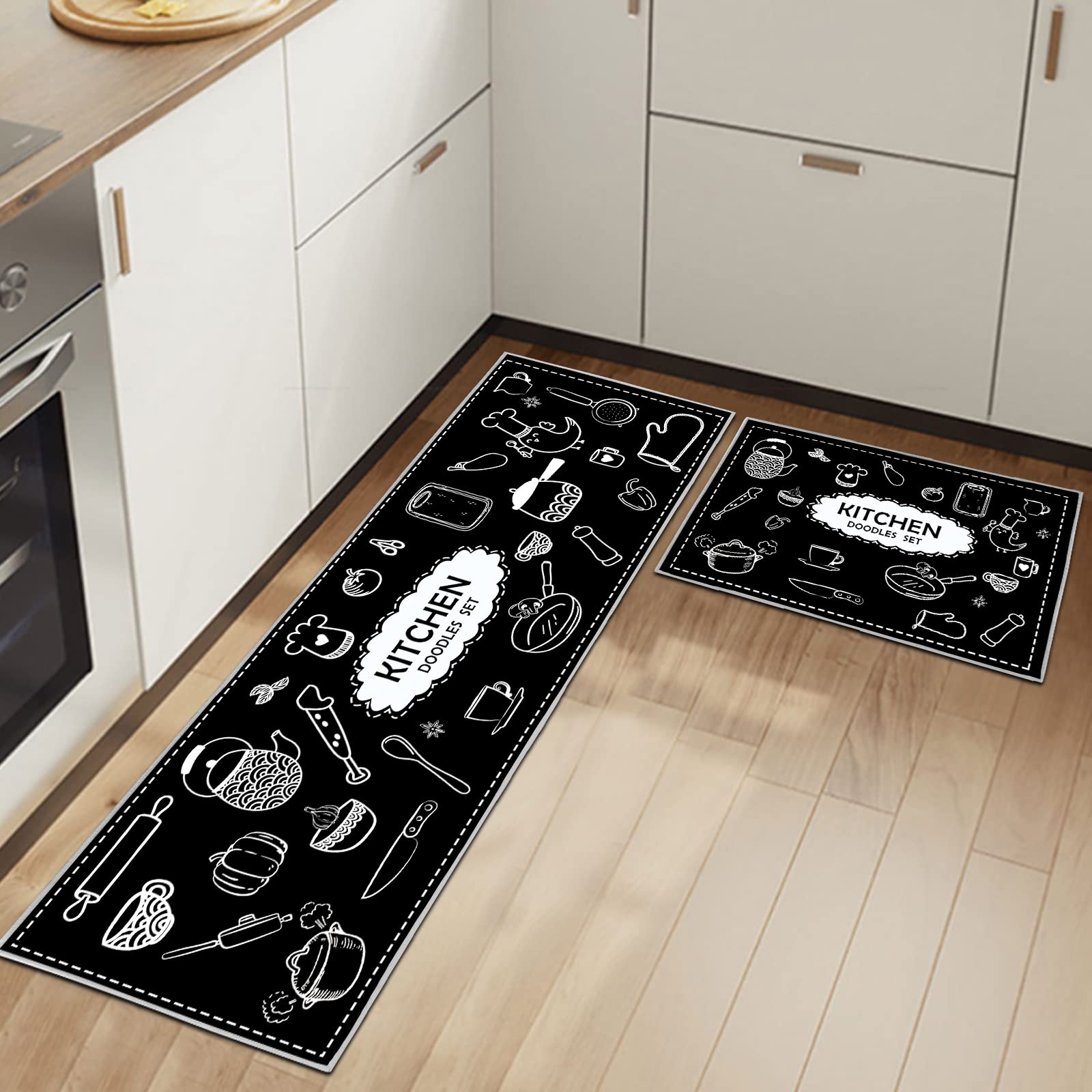 HSGLGNA Kitchen Mats Non slip Washable Kitchen Rugs Doormat Carpet Floor Mat, 2 Piece Kitchen Mats for Home Decoration (Kitchenware C, 43x75+43x150cm)