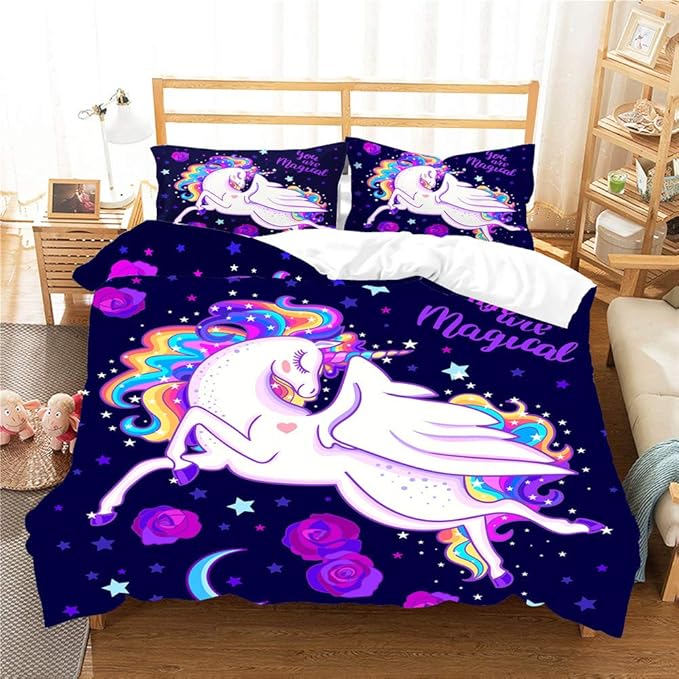 Rainbow Unicorn Duvet Cover Set Twin for Girls Purple Magic Comforter Cover Unicorn Starry Quilt