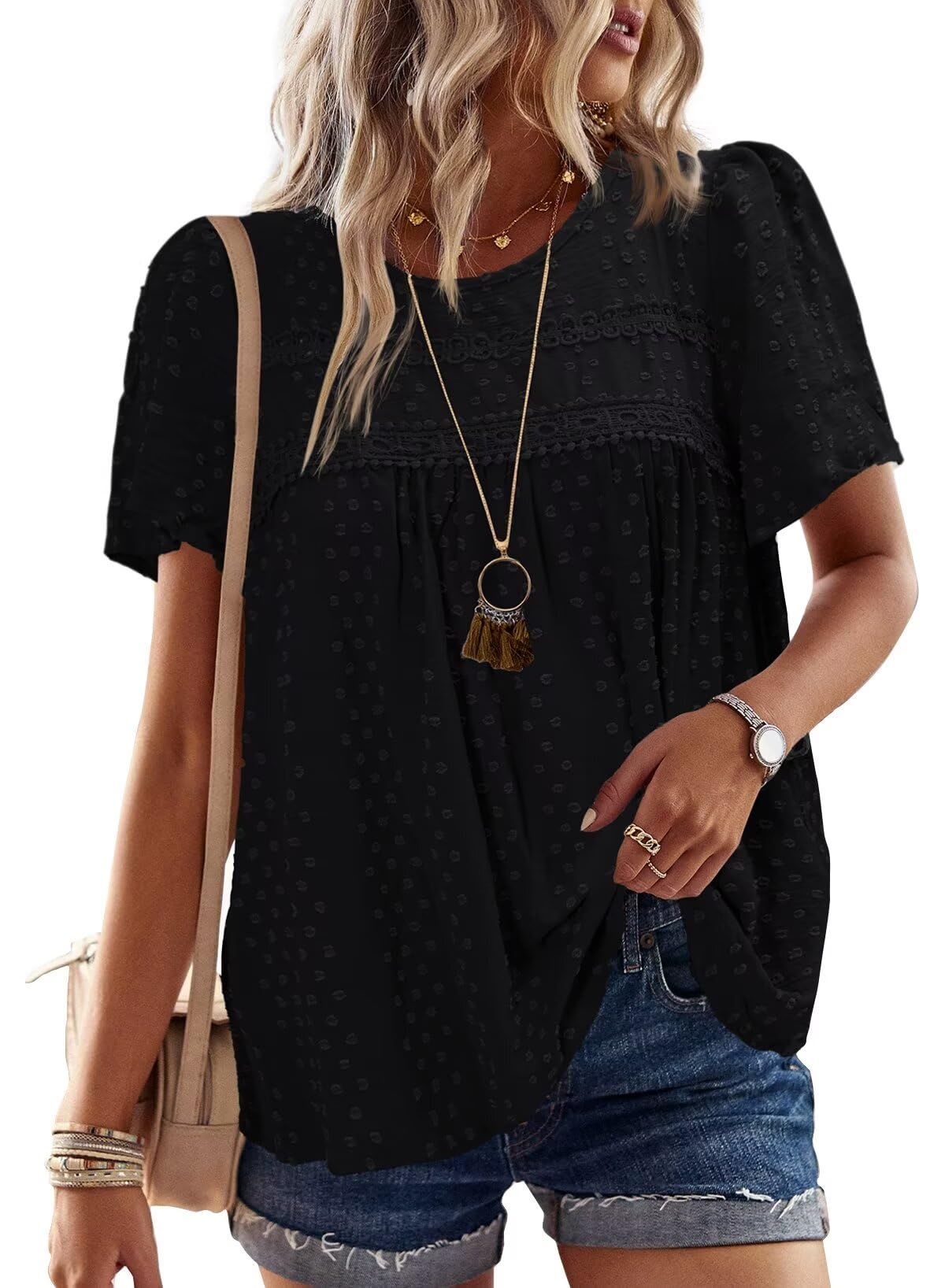 Photo 1 of Falechay Plus Size Tops for Women Keyhole Button with Elastic Loop Dressy Casual Crewneck Flowy Blouses Summer Boho Shirts Black 3XL