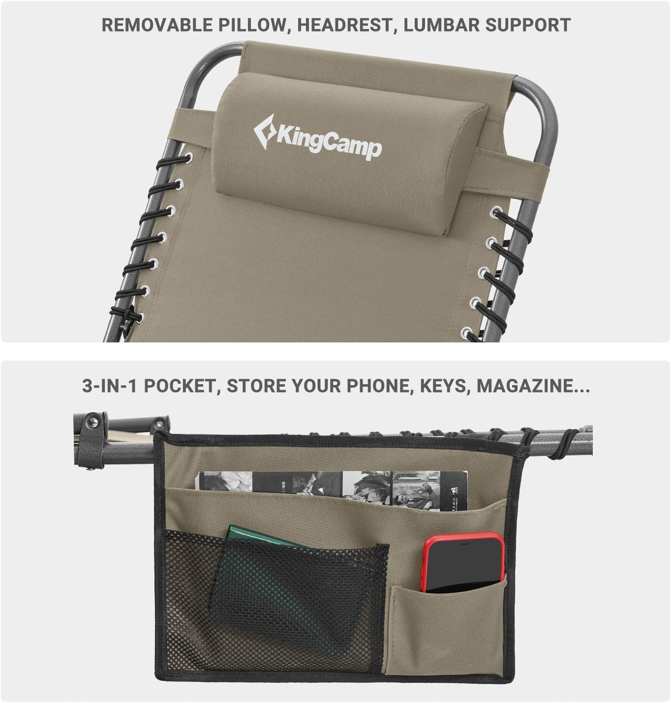 KingCamp 4-Fold Outdoor Folding Chaise Lounge Chair for Beach, Sunbathing, Patio, Pool, Lawn, Deck, Portable Lightweight Heavy-Duty Adjustable Camping Reclining Chair with Pillow, Gray : Garden & Outdoor