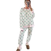 Ywyhus Christmas Trees and Bows Pajama Set, Women's Casual Cute Bow Christmas Tree Print Contrast Striped Banding Lounge Set