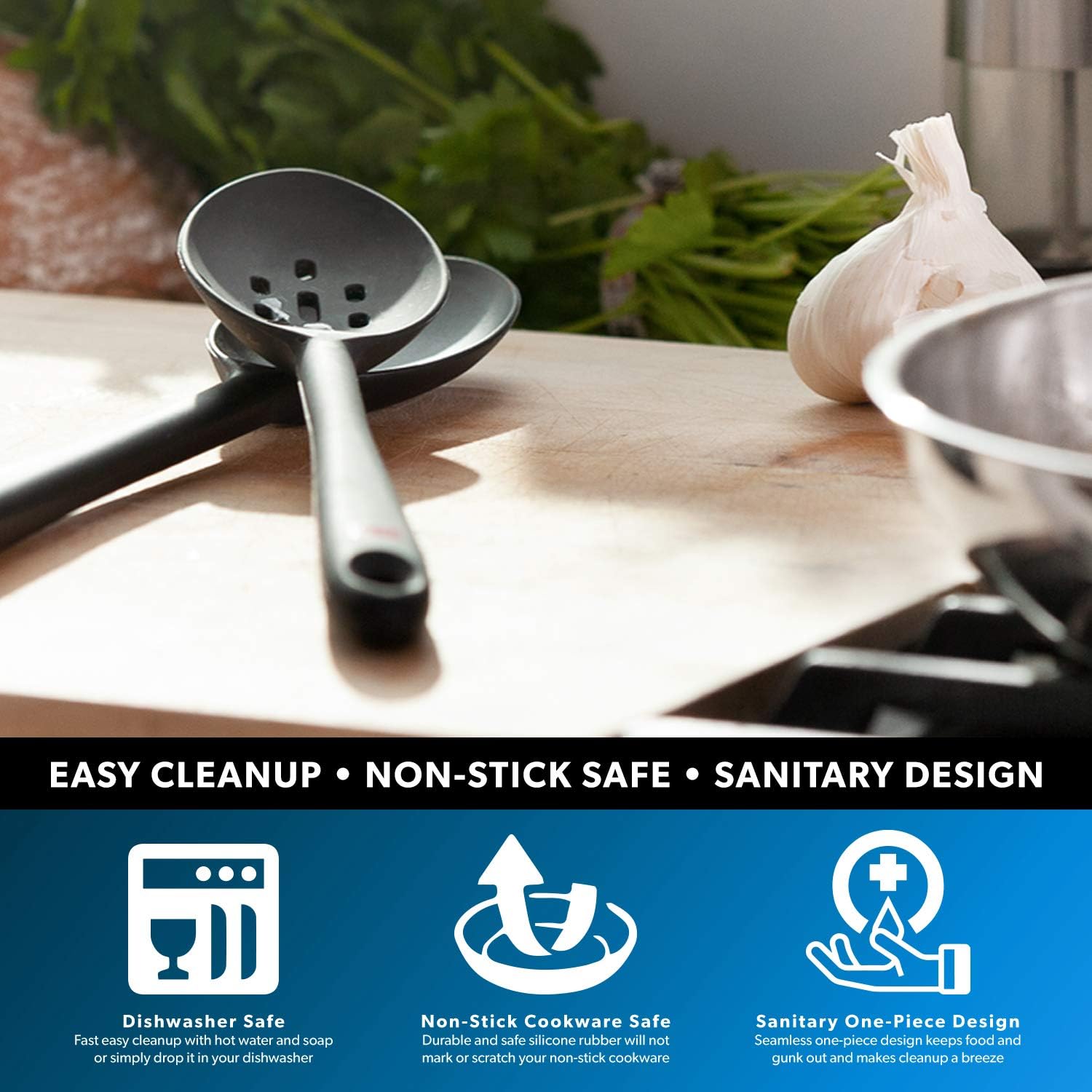DI ORO Seamless Series 2-Piece Silicone Spoon Set - 600F Heat-Resistant Rubber Non-Stick Slotted and Solid Spoons for Mixing and Serving - LFGB Certified and BPA Free Pro-Grade Silicone – Black: Kitchen & Dining