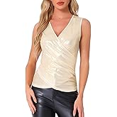 Allegra K Shiny Metallic Tank Top for Women Valentine's Day Sleeveless V Neck Holographic Club Party Wrap Shirt