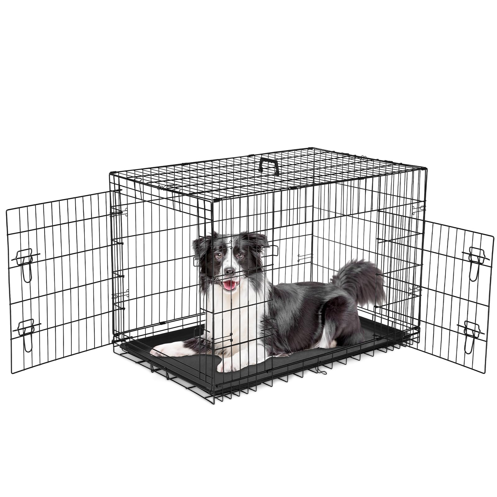 Sweetcrispy 42 Inch Dog Crate, Medium Large Crates Double Door Folding Metal Wire Dog Cage with Plastic Leak-Proof Pan Tray, Pet Kennel for Indoor, Outdoor, Travel Image