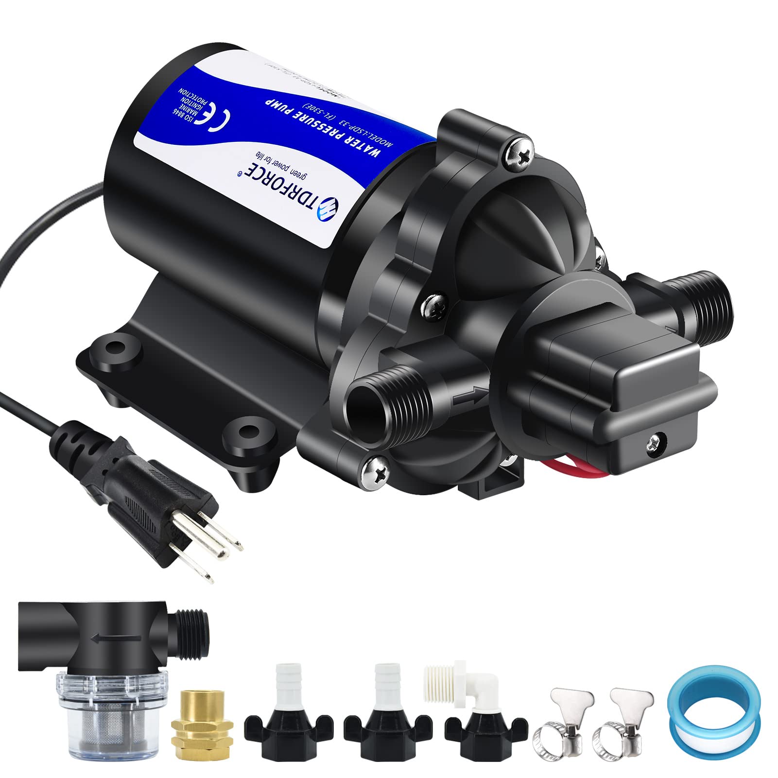 Photo 1 of TDRFORCE 110V Fresh Water Circulating Pump 4GPM Pressure Increase Booster Pump 45 PSI Transfer Pump Self Priming on Demand Water Pump Diaphragm Pump Washdown Pump Inline Water Pump for Garden Hose…
