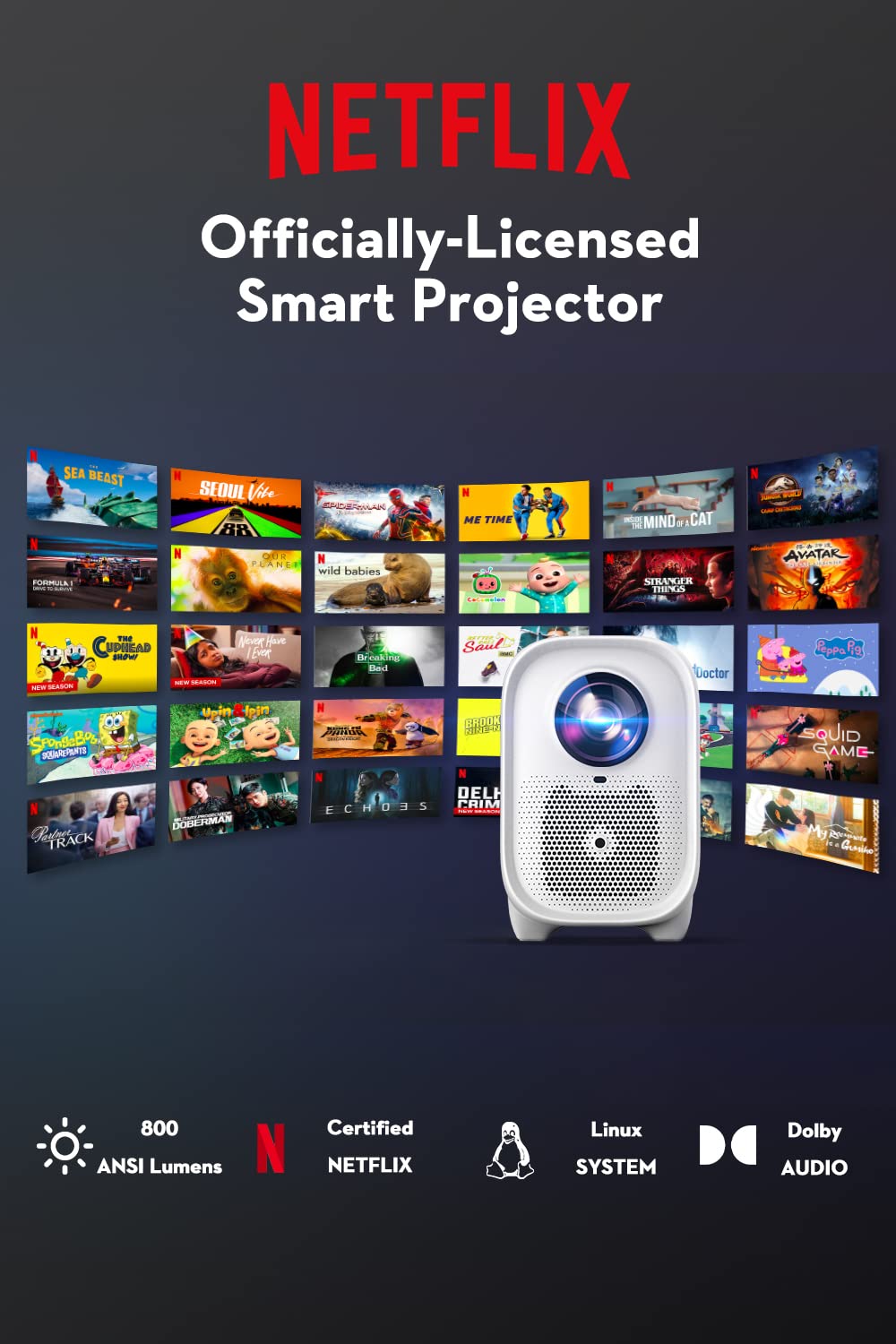 Netflix Projector, COI UNO5 Projector with 800 ANSI Lumens, 1080P Projector Support 4K, Smart Projector with Linux System, Projector with WiFi and Bluetooth,Dolby, HDR10, Auto Focus/Keystone1
