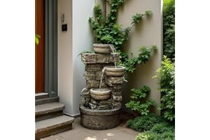 CHENGPIN Cheng Pin 3 Tiers Water Fountain Outdoor - 28 Inch Tall Cascading Bowls and Stacked Stones Design, Create Relaxing Waterfall Flow Water Feature for Your Garden, Patio, Backyard,Lawn