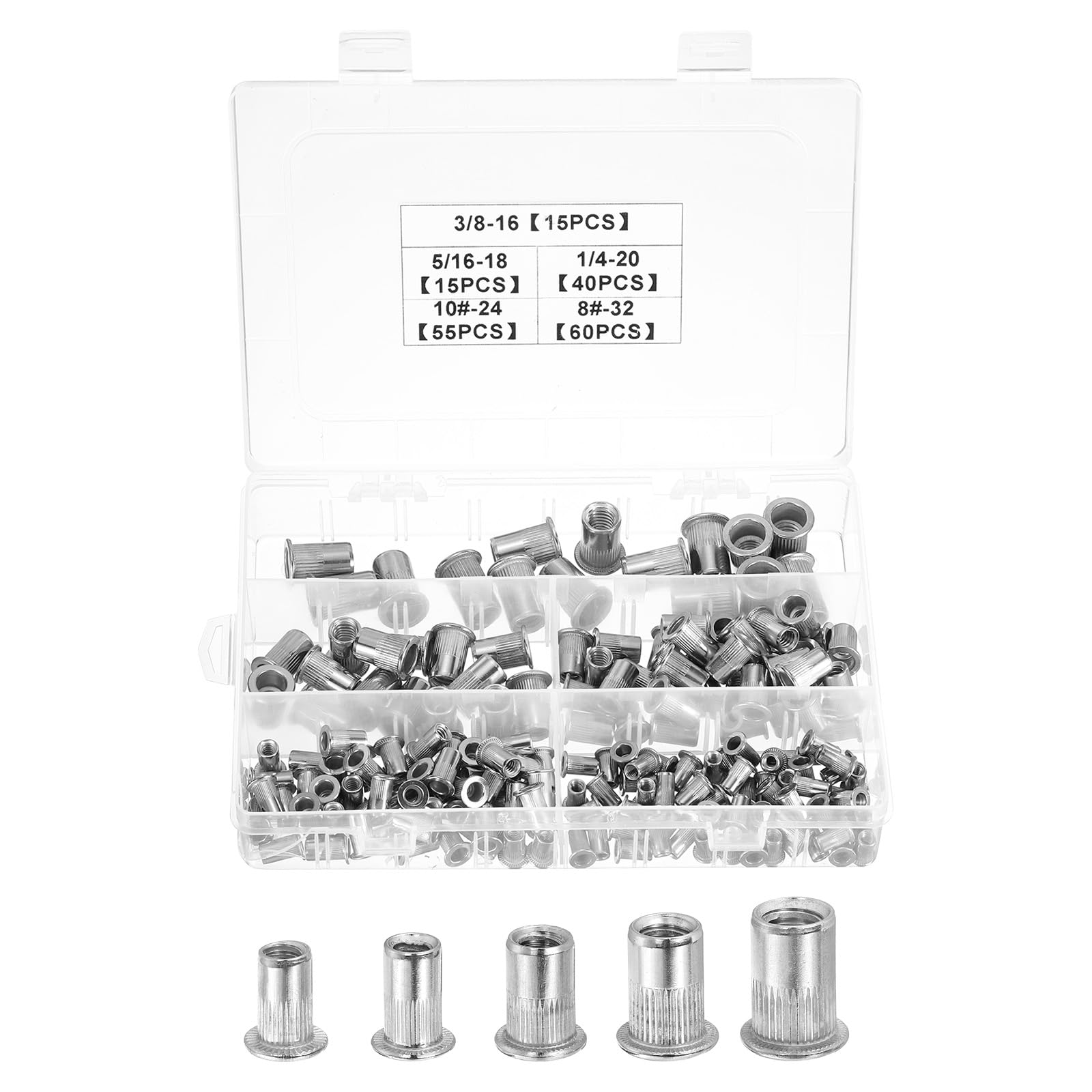 uxcell 185pcs Rivet Nuts, #8-32, #10-24, 1/4-20, 5/16-18, 3/8-16 304 Stainless Steel Knurled Flat Head Threaded Insert Nuts for Metal, Plastic