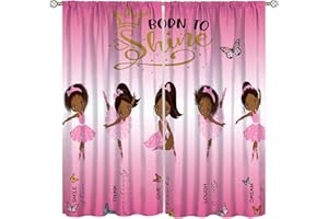 YCness African American Kids Curtains,Afro Black Girl Window Treatments for Bedroom, Cute Girl Ballerina Dancer Pink Curtains 2 Panel Sets,42x45 Inch