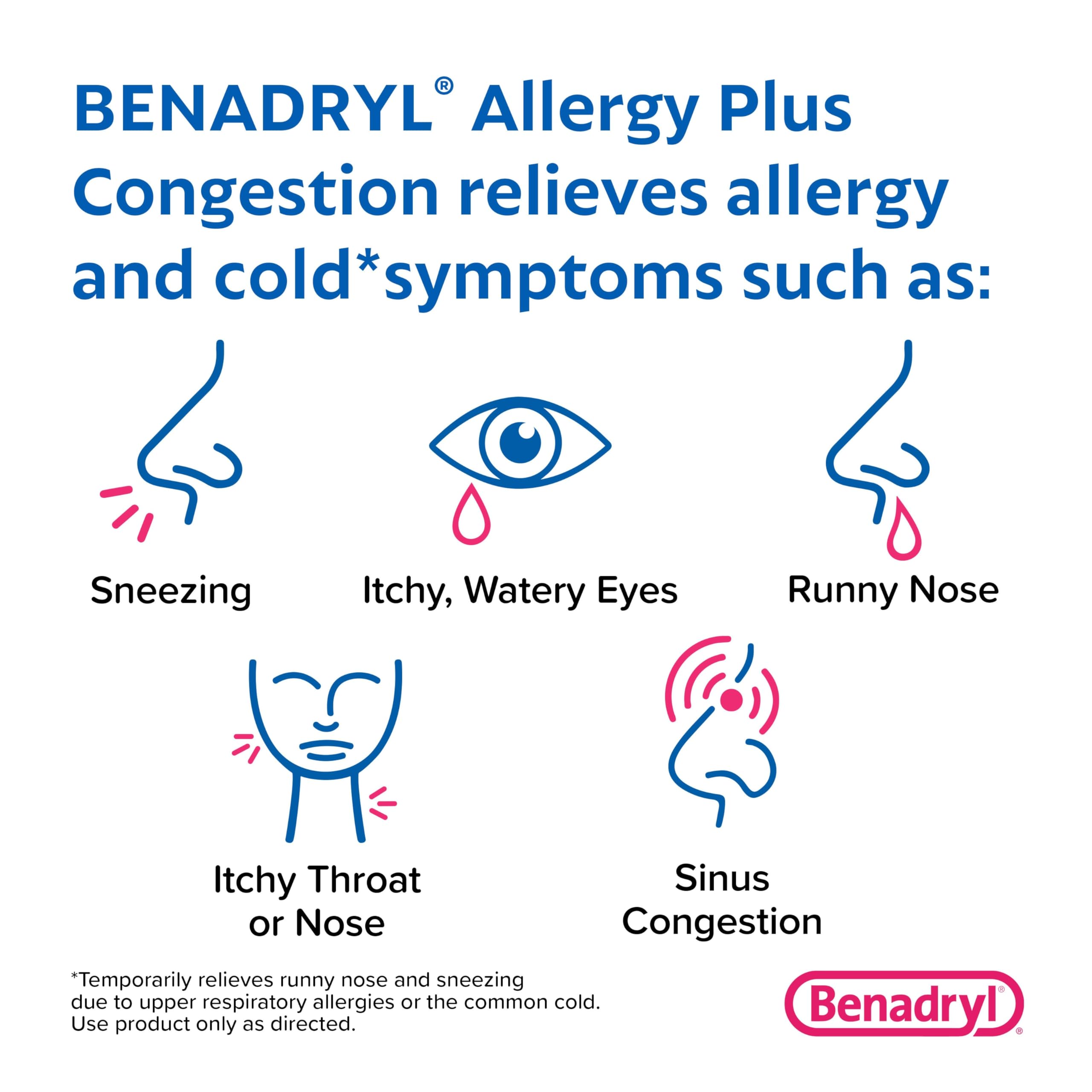 Benadryl Allergy Plus Congestion Ultratabs, Medicine with Diphenhydramine HCl Antihistamine & Phenylephrine HCl Nasal Decongestant, Allergy & Sinus Congestion Relief Tablets, 24 ct