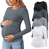 Huukeay 4 Pack Women's Maternity T Shirts, Long Sleeve Side Ruched Pregnancy Top Crew Neck Bodycon Shirts Casual Mama Clothes