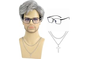 PUREHAIR Men's Short Wig with Blue Light Glasses & Cross Necklace – Realistic Synthetic Hair with Natural Look Hairstyle for Daily Wear, Cosplay & Costume (Gray)