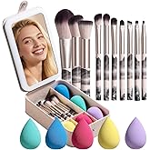 BS-MALL large Led Makeup Mirror Case Travel Makeup Brushes Set 15 Pcs – LED Light Mirror with Makeup Sponge for Enhanced Beauty Routine Desk Stand Led Mirror