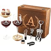 GZLDGIFTS Personalized Initial Wine Glasses Box Gift Set For Women Mom Engraved Birthday Monogrammed Wooden Christmas Gifts Wedding Anniversary Wine Couples Stopper Opener Initial Letterr (A Set)