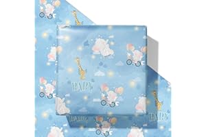 SaringSwoon Blue Baby Shower Wrapping Paper - Watercolor Gift Wrap With Funny Elephant, Giraffe, Rabbit, Baby, and Galaxy Design for Baby Shower, Birthday, Christmas - 20×29 Inches, 6 Folded Sheets