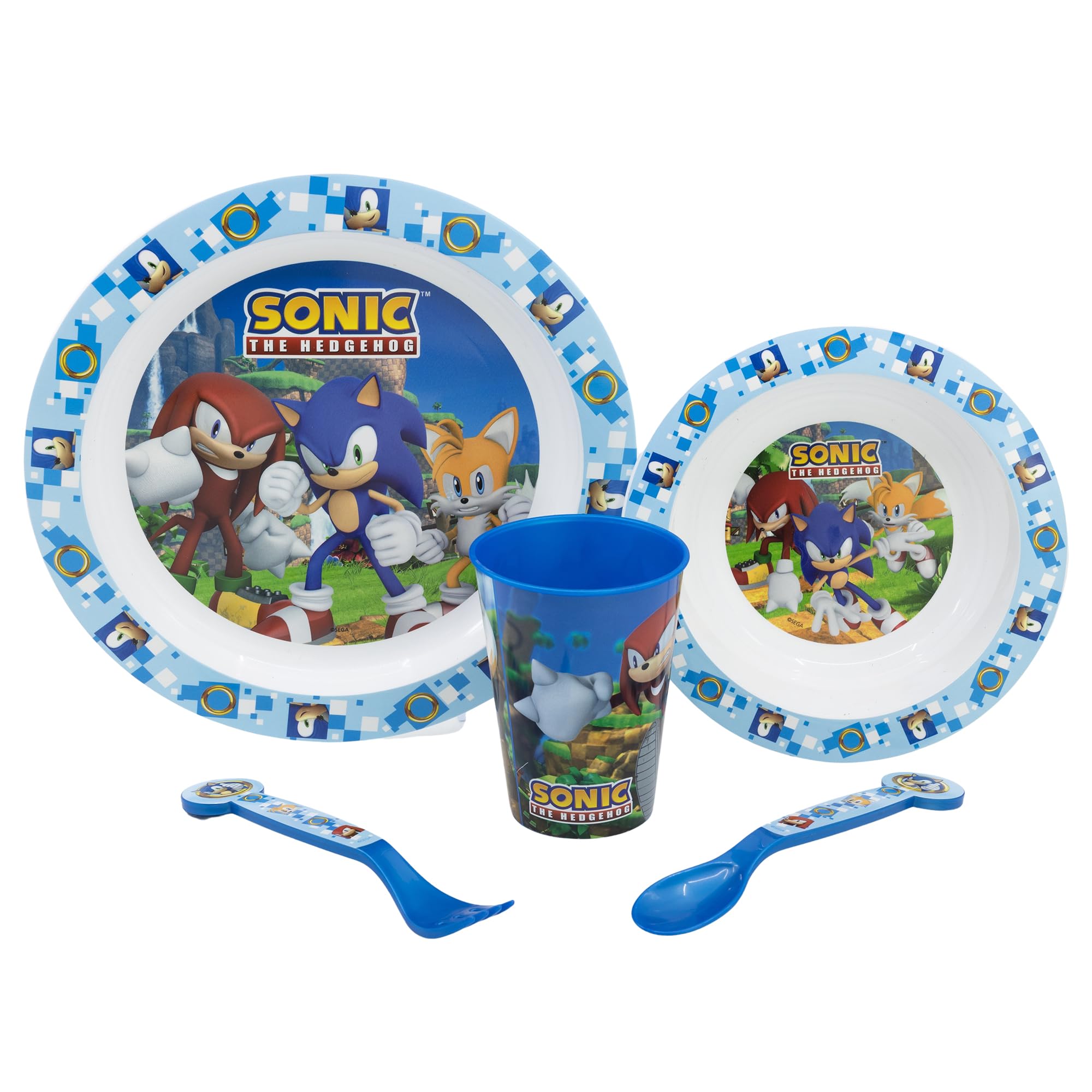 Stor Sonic The Hedgehog 5pcs Kids Lunch Breakfast Dinner Tableware Set Plate, Bowl, Cutlery & Tumbler, BPA Free