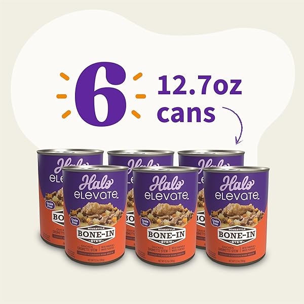 HALO ELEVATE WET DOG FOOD HOMESTYLE BONE-IN CHICKEN STEW WITH PUMPKIN & POTATOES RECIPE, GRAIN FREE CANNED DOG FOOD, 12.7 OZ CAN (PACK OF 6)