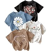 RoseSeek Girl's 4 Packs Graphic Tees Short Sleeve Floral Heart T Shirt Crew Neck Cute Tops