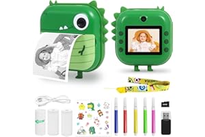 AURTEC Instant Camera for Kids, Mini Thermal Printing Camera, No Ink Required, 48MP Dual Camera,1080P HD Video, 32G TF Card, 3 Print Paper, 2.4 Inch Color Screen, Cute Animal Cartoon Design, Dinosaur