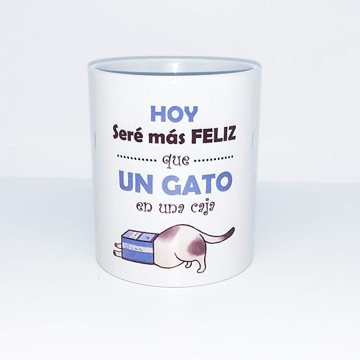 Taza de Desayuno con Frase (Hoy seré más feliz que un gato en una caja): Amazon.es: Hogar