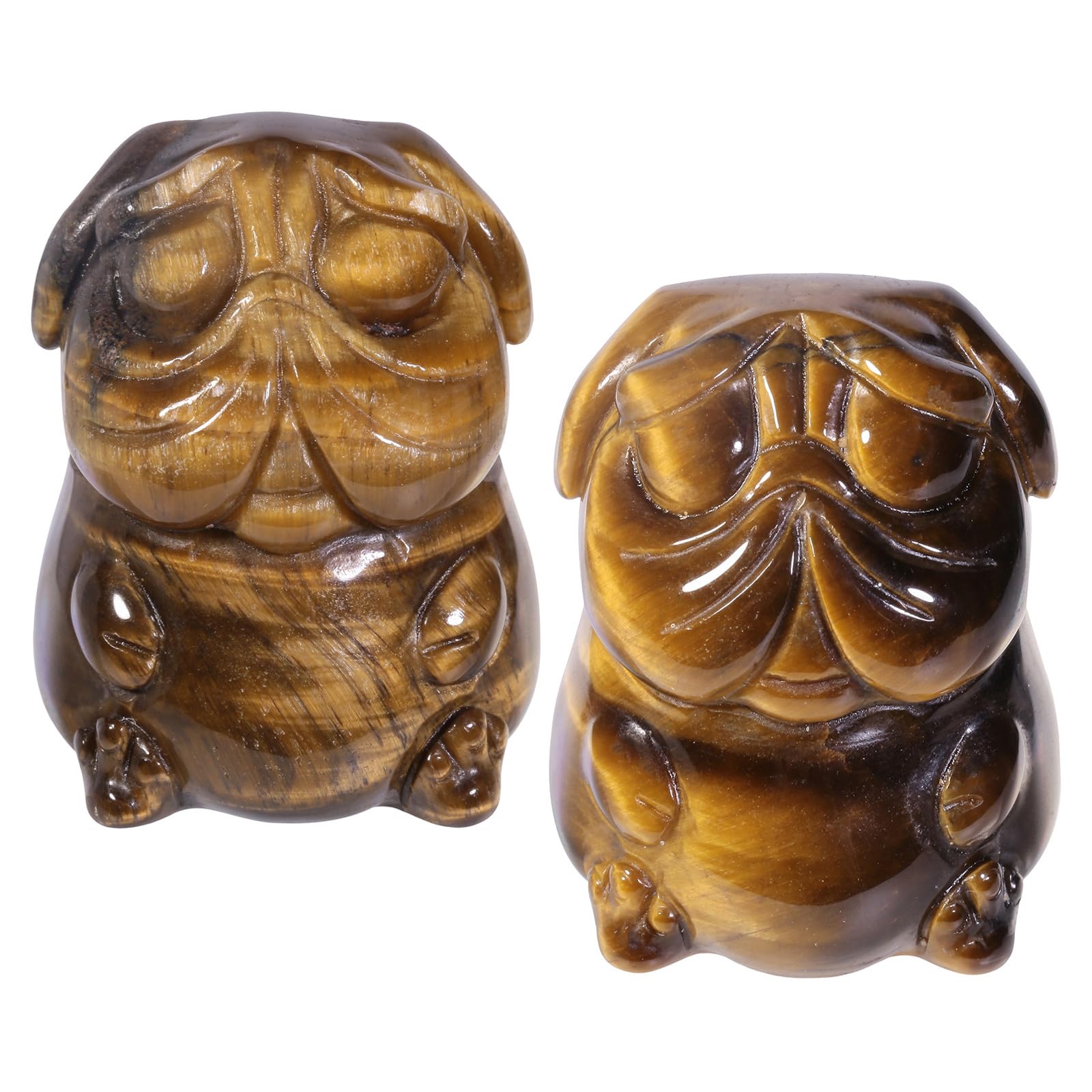 Nupuyai 2pcs Tiger's Eye Mini Crystal Stone Statue Carved Animal Pug Dog Puppy Pekinese Set of 2, Energy Healing Stone Figurine Home Office Decor