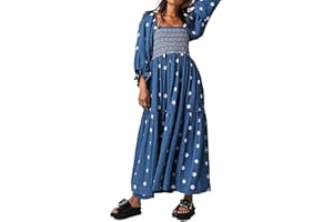 ABYOVRT Women Floral Embroidered Maxi Dress Long Puff Sleeve Square Neck Bohemian Flowy Dress with Pockets Smocked Fall Dress