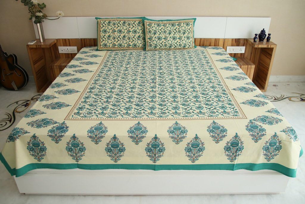 UniqChoice Floral Japuri Printed 120 TC 100% Cotton Double Bedsheet with 2 Pillow Cover ,Turquoise(UC240_BT-CG)