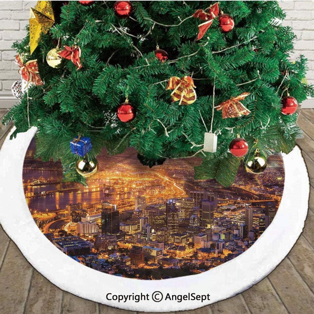 Cape Town Panorama at Dawn South Africa Coastline Roads Architecture Twilight,Christmas Tree Skirt Mat,Marigold Blue Pink,30 inches,Merry Christmas for Party and Holiday