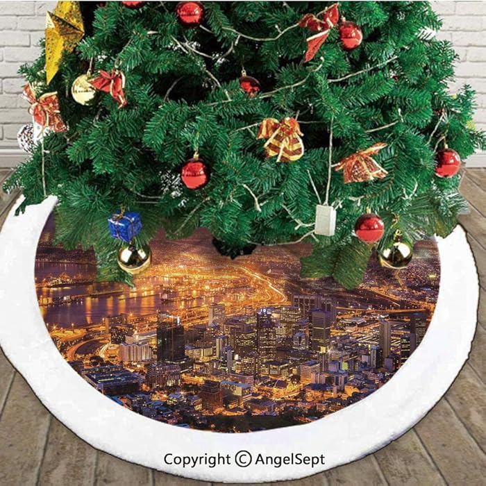 Cape Town Panorama at Dawn South Africa Coastline Roads Architecture Twilight,Christmas Tree Skirt Mat,Marigold Blue Pink,30 inches,Merry Christmas for Party and Holiday
