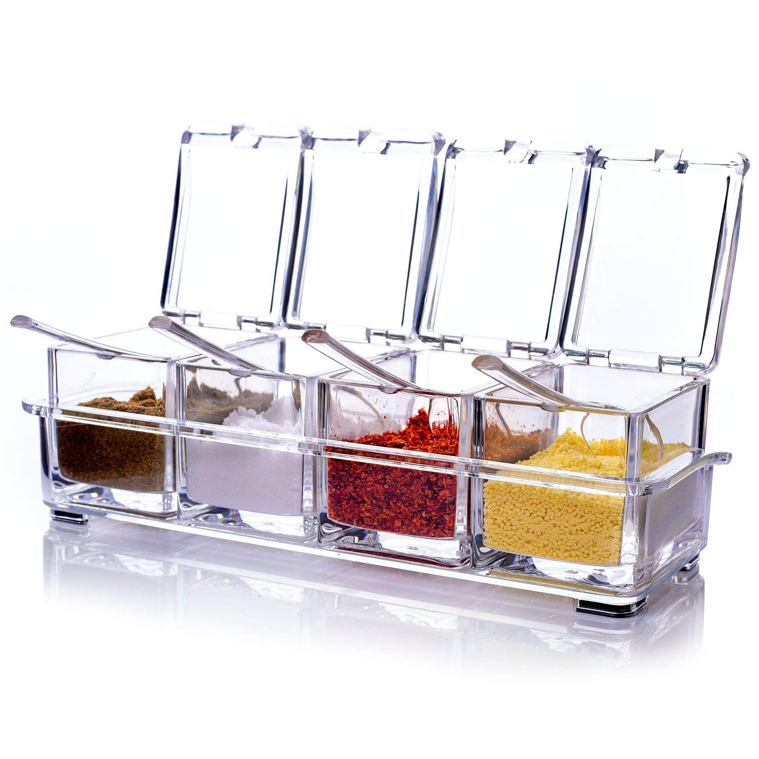 Orpio (Lable) Acrylic Home Kitchen 4 Grid Acrylic Seasoning Spice Box Kit with Spoon Kitchen