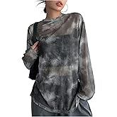 Verdusa Women's Y2k Tie Dye Sheer Mesh Top Drop Shoulder Long Sleeve Oversized Rave Streetwear Tops