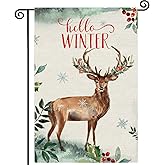Deer Hello Winter Garden Flag 12x18 Inch Double Sided,Animals Christmas Small Burlap Seasonal Holiday Yard Outdoor Decor CBD032