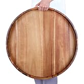 Extra Large 20INCH Premium Acacia Wood Tray Round Ottoman Tray with Handles Wooden Serving Tray Multi-Use for Dinner Breakfast in Bed Coffee Table Snack Entertaining Guests