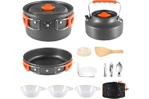 Gurukim Camping Cookware Set, 0.42Gal Pot 0.16Gal Pan 0.29Gal Kettle Set with 3 Plastic Bowls 1 Set Stainless Steel Forks Kni