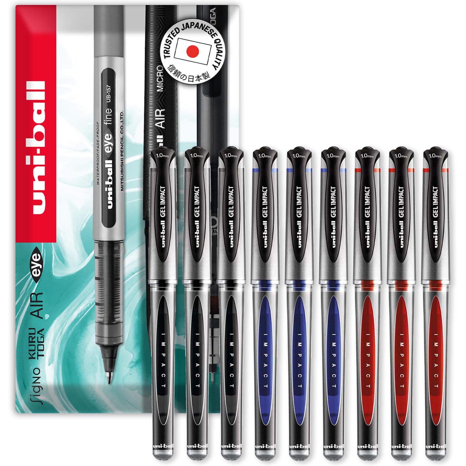 uni-ball Gel Impact Broad - UM-153S Rollerball Pens - 1.0mm Nib Tip - In Envelope Gift Packaging (Pack of 9, Multicolor)