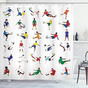 Ambesonne Sports Shower Curtain, Group of Soccer Players League Pastime Practicing Different Poses Training, Cloth Fabric Bathroom Decor Set with Hooks, 75