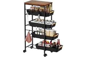 Landmok 5-Tier Slim Storage Cart, Wooden Top Rolling Kitchen Cart with Pull-Out Baskets & Wheels, Narrow Space Utility Cart S