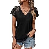 Women's Eyelet Embroidery Short Sleeve Blouses Shirts Hollow Out V-Neck Contrast Lace Casual Trendy Tee Shirts