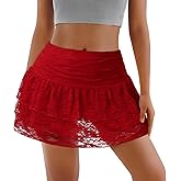 Women's Lace Mini Skirt with Shorts Sexy Mesh Short Skirts Layered Ruffle Skirts A Line Hight Waisted Skirt Skort