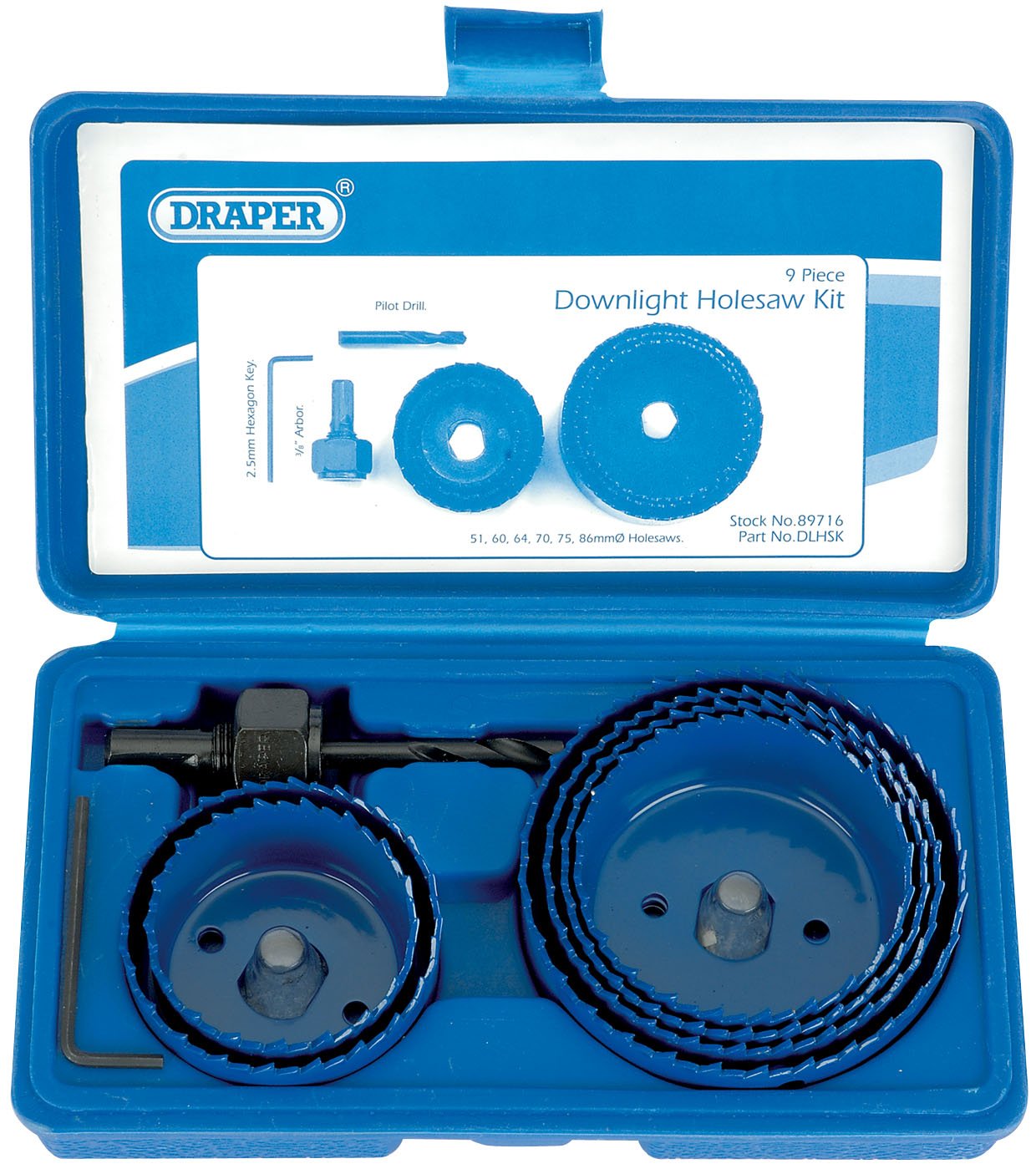 Draper 9-Piece Holesaw Kit for Downlights | Hole Cutter Set | 51 to 86mm Carbon Steel Blades | HSS Pilot Drill | Hexagon Key | 89716