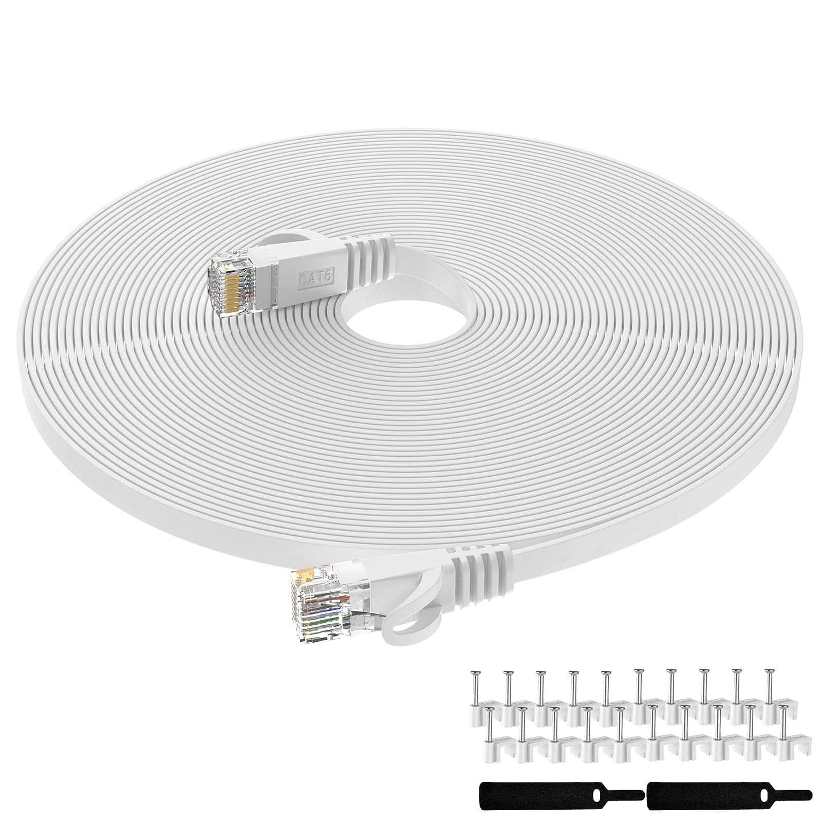 Lovicool Ethernet Cable 30m, Flat Internet Cat 6 Gigabit Lan Network RJ45 250MHz High Speed Patch Cord for Router, Modem, PC, Switches, Hub, Laptop,White, 1 Pack provided Cable Clips