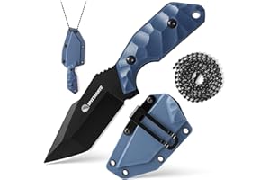 SPITZKANTE 3.07" Small Neck Knife X-TAN-K, Horizontal Carry Knife with Sheath and Necklace, Full Tang Tanto 5Cr14MoV Steel Blade, Blue ABS Handle