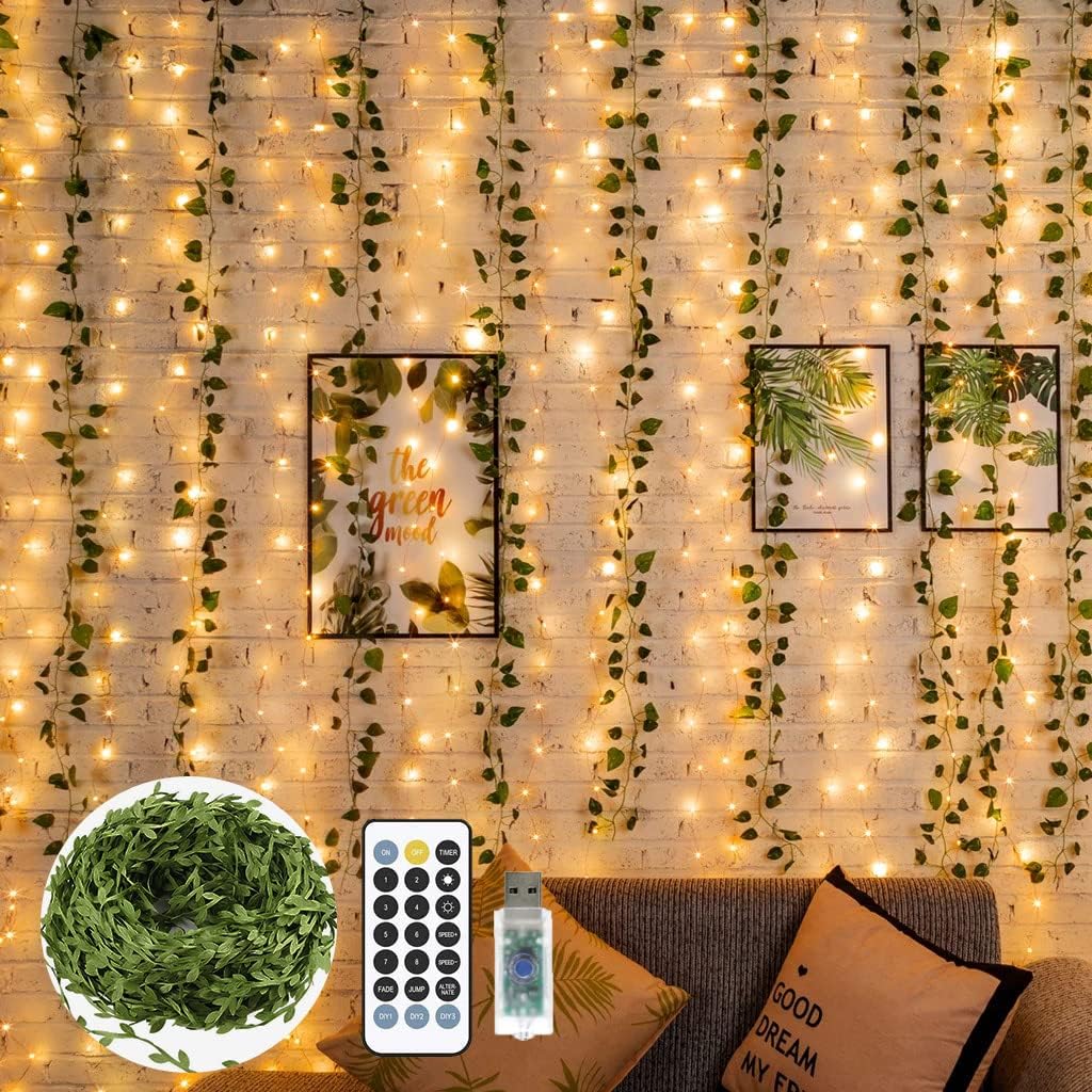 String Lights - Twinkle Fairy Lights 66ft with Artificial Vines,Decorative Indoor Fake Leaves for Boho Room Decor, String Lights Indoor, Wall Decor for Christmas Tree Wedding Party (66ft Led Lights with Vines)