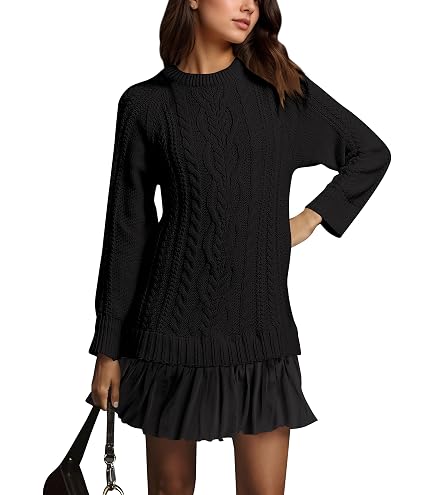 twofer cable knit sweater mini dress Style for Women Long Sleeve Crewneck Sweater Dresses Ribbed Cute Pleated Skirt Fall Streetwear Kawaii Going Out Dresses Preppy Y2k Tunic Comfy Sweaters White at Amazon Size:XL-In Stock bustier dresses Ellis Cable Knit Twofer Adrianna Papell Platinum -