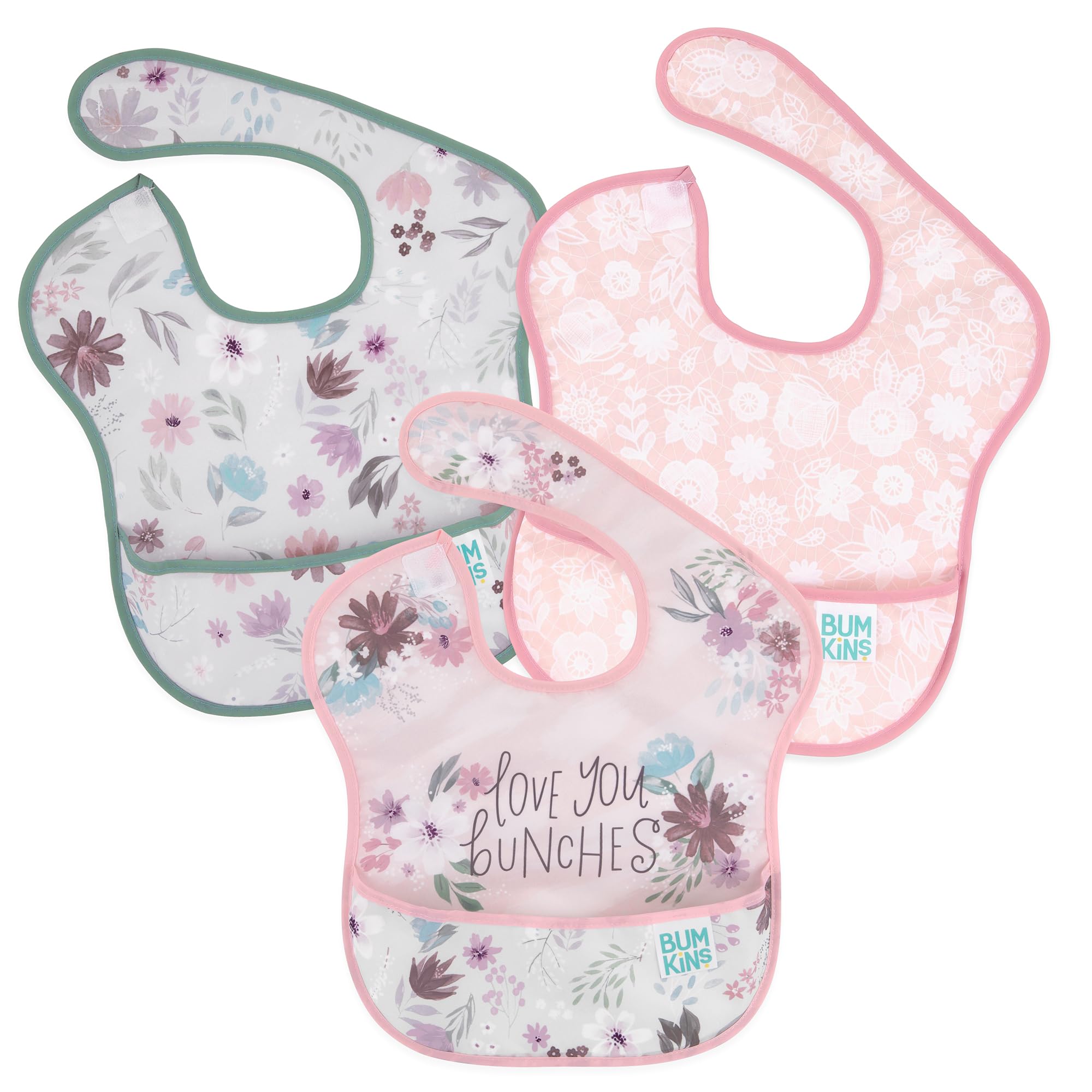 Bumkins SuperBib, Adjustable Hook & Loop Closure, Catch-All Pocket, Waterproof, Machine Washable, Stain & Odour Resistant, BPA Free, 6-24 Months, 3-Pack, Love You Bunches, Floral, Lace Design